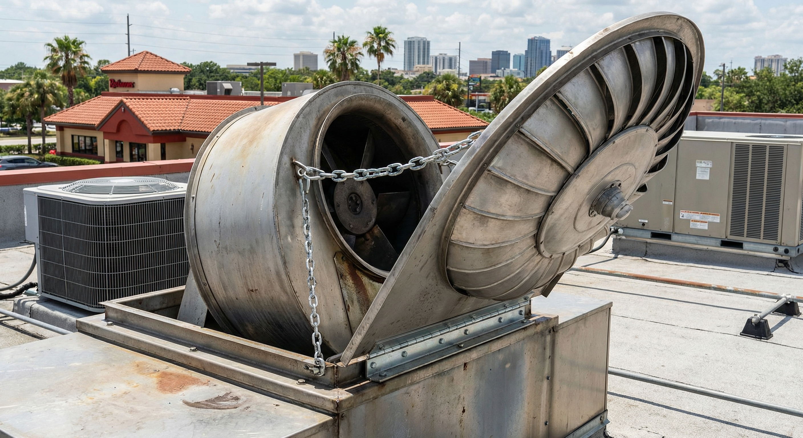 Exhaust fan hinge kit installation on Tampa commercial kitchen roof