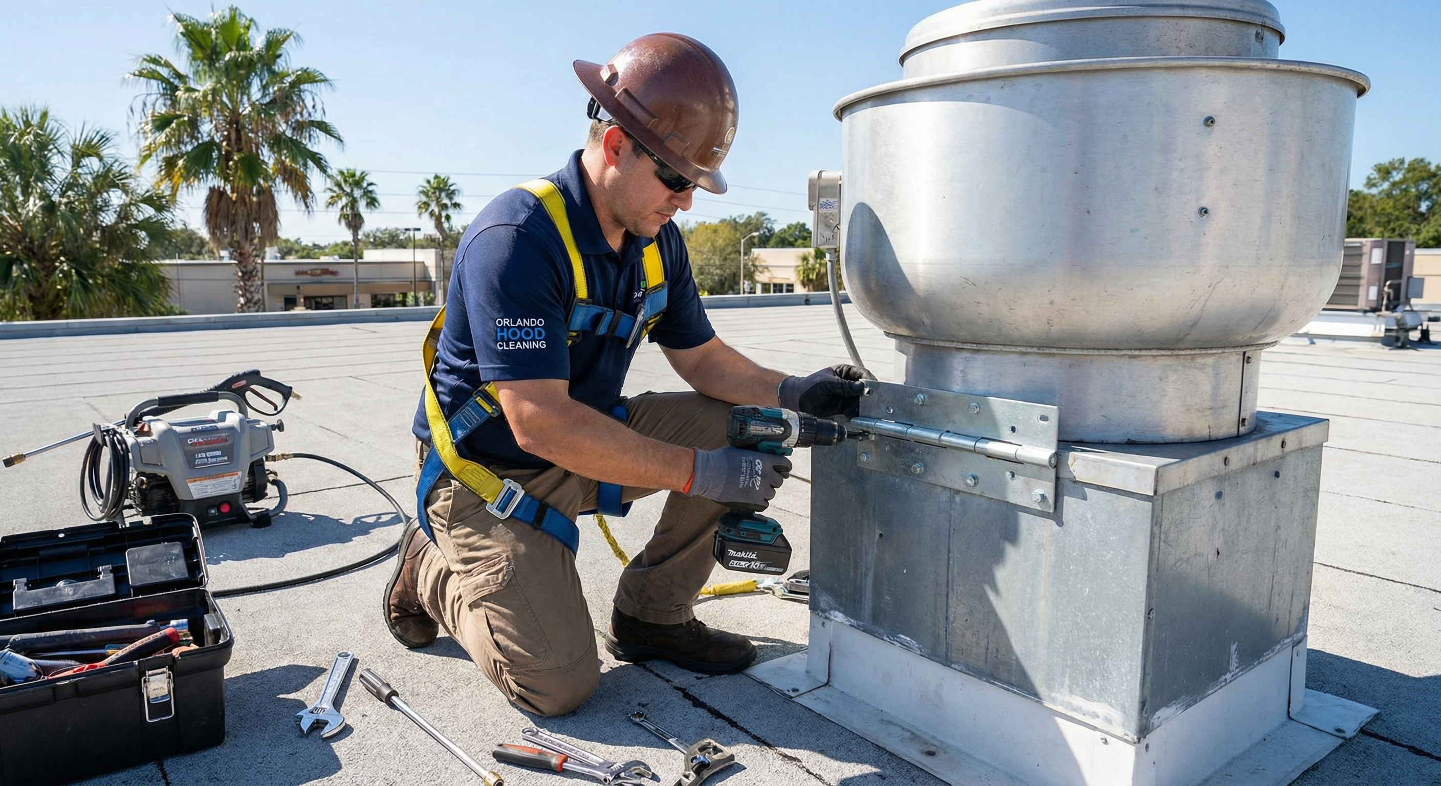 Tampa Hood Cleaning Pros technician installing exhaust fan hinge kit