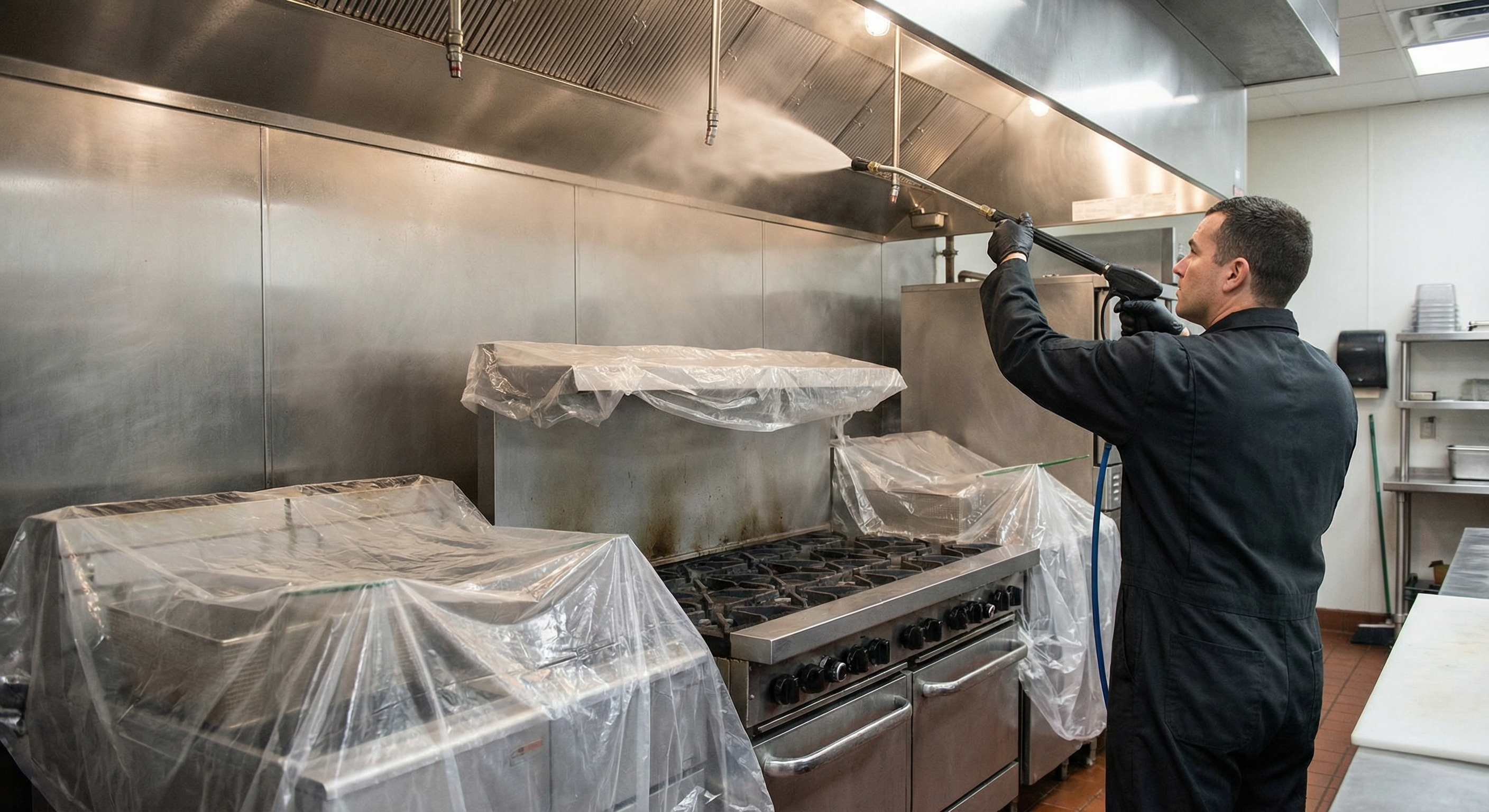 Professional hood cleaning technician servicing a restaurant exhaust system in Tampa