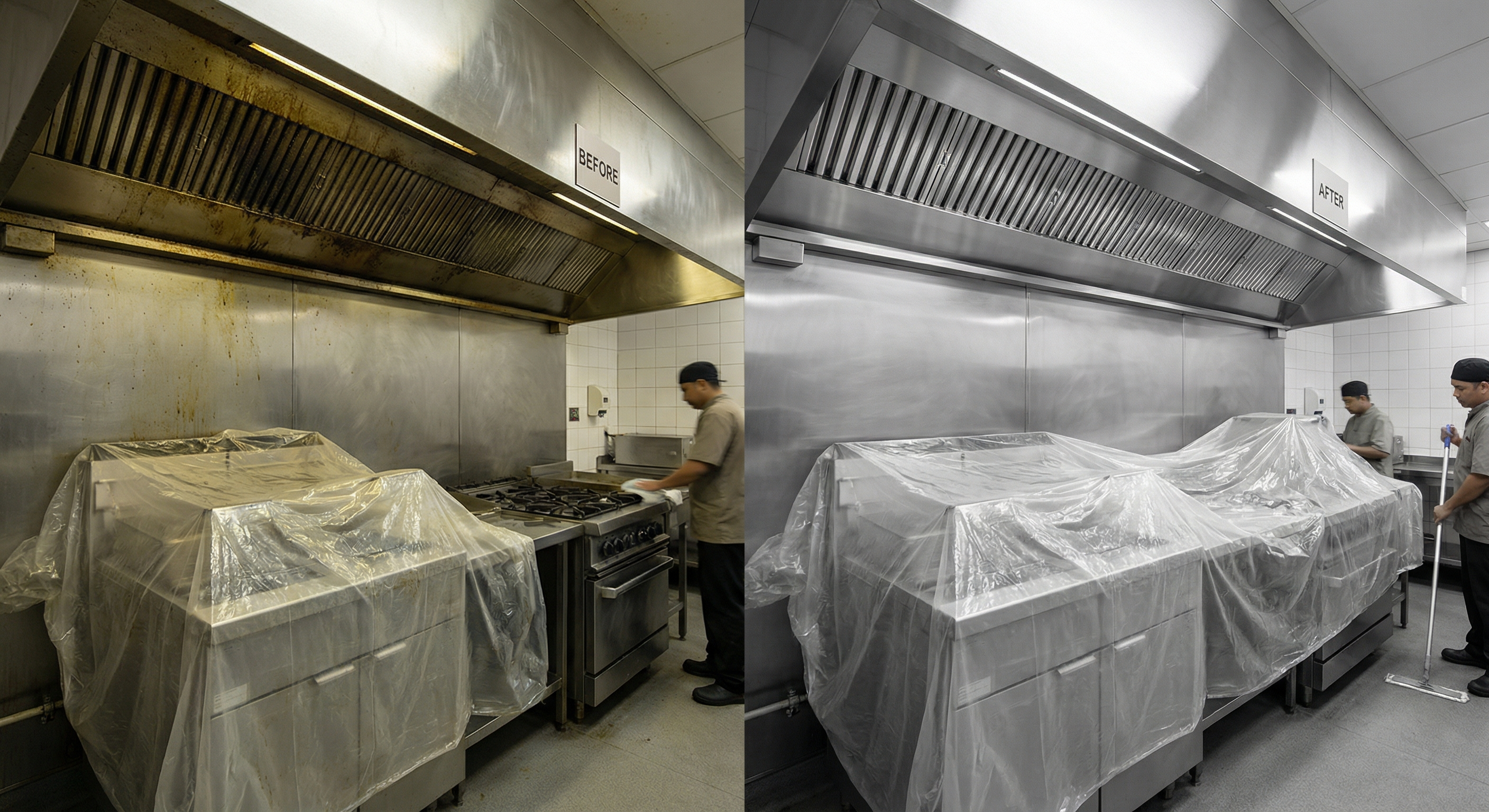 Before and after hood cleaning comparison showing grease removal results